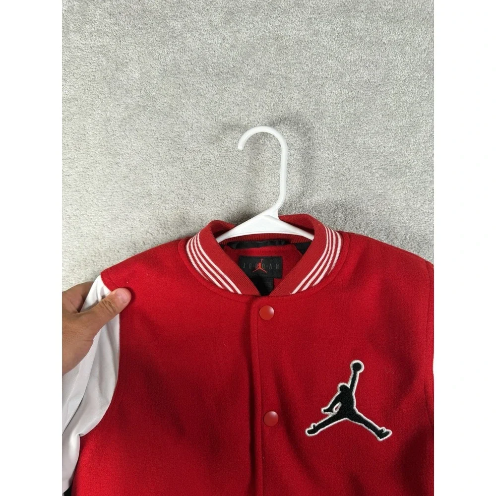 Jordan Boys Red/White Varsity Jacket Size L 12-13yrs Snap Jumpman Flight Pockets